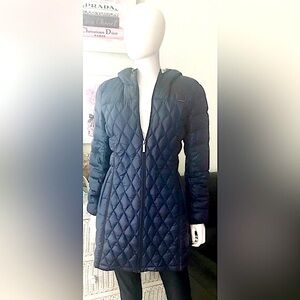 Michael Kors Down fill quilted hooded puffer zip up coat navy blue color size M